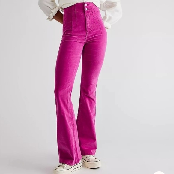 NWT Free People We The Free Jayde Cord Flare Jeans High Rise Denim Pant Pink - Picture 1 of 9